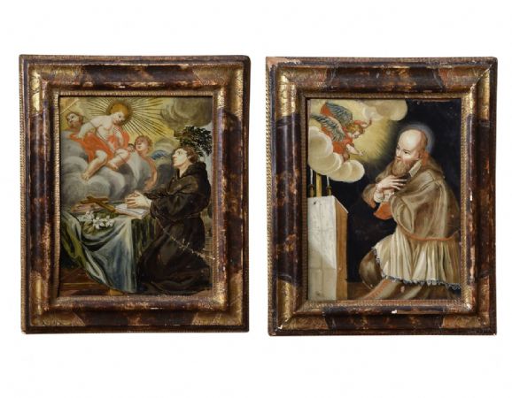Interesting pair of 17th-century Marche region glass paintings in contemporary frames.